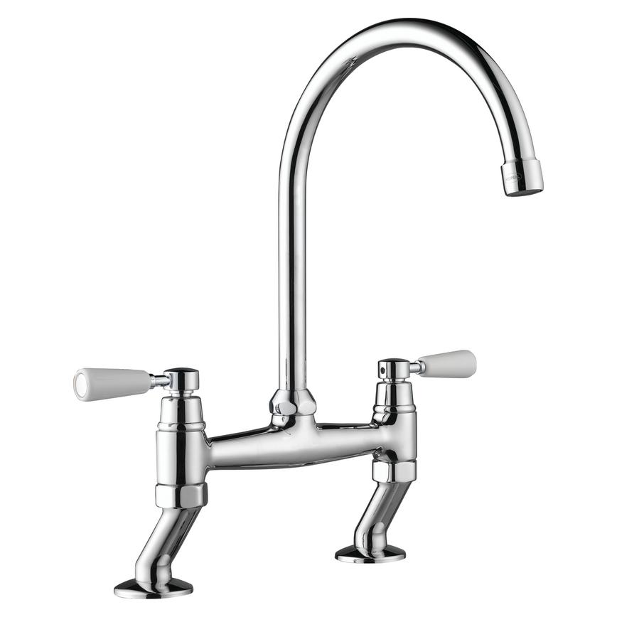 Victorian Polished Chrome Swan Neck Bridge Kitchen Tap