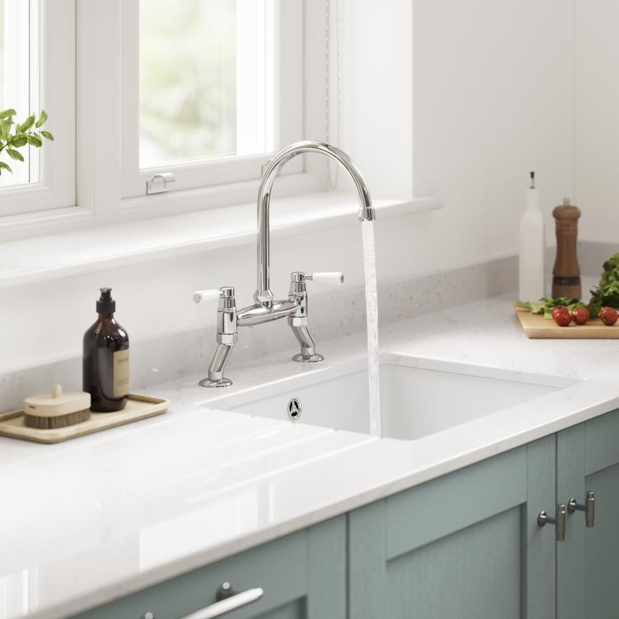 Victorian Polished Chrome Swan Neck Bridge Kitchen Tap